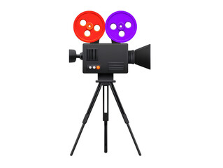 Obraz premium Vintage film camera with red and purple reels on tripod, isolated on transparent background, classic movie equipment for filmmaking, retro style, creative and nostalgic mood
