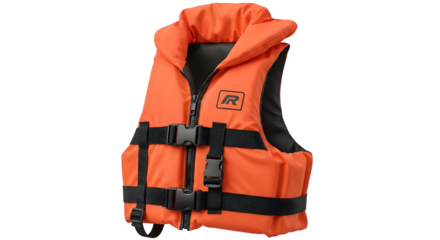 Bright orange personal flotation device safety vest with black straps and buckles isolated on transparent background