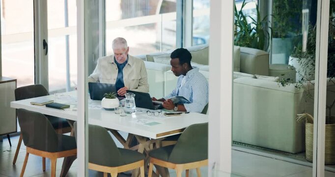 Document, men or career consultant with laptop in office, client assessment or job search assistance. Goal setting, pc or people with survey for skills evaluation, cv advice or guidance from above