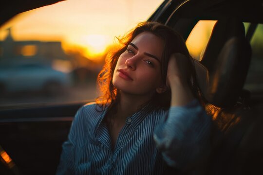 A cheerful attractive plus size model relaxes in her car at sunset taking a break after a long day at work
