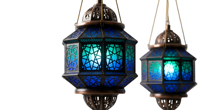 Two ornate antique moroccan style lanterns with colorful stained glass panels illuminated with a soft glow isolated on transparent background