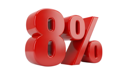 Glossy red number eight and percent symbol isolated on transparent background