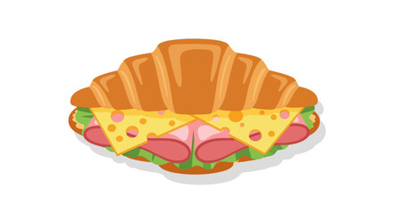 A croissant sandwich with cheese ham and lettuce filling sits on a white background