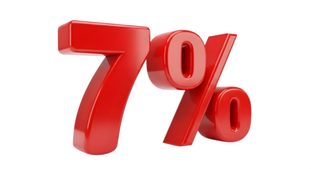 Glossy red 7 percent symbol 3d render isolated on transparent background