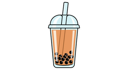A drawing of bubble tea featuring black tapioca pearls a brown liquid a cup lid and straw on a white background