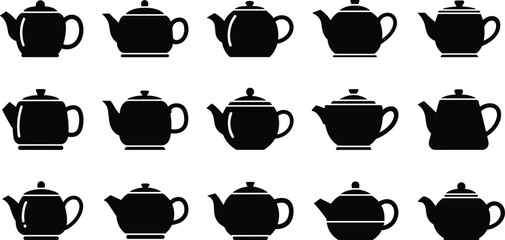 Teapot silhouette collection, black vector icons, kitchenware design set, classic tea pot shapes, home decor, flat vector illustration