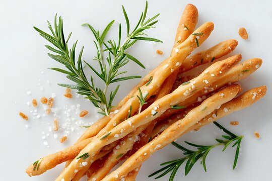 Crispy breadsticks with sesame seeds and fresh rosemary sprigs on white background, appetizing snack for restaurant menu.