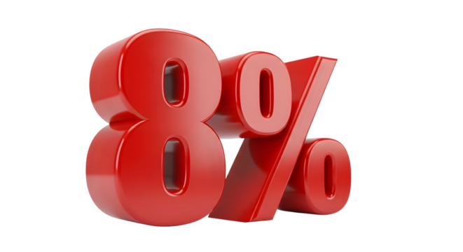 Glossy red number eight and percent symbol isolated on transparent background