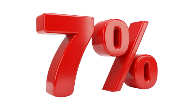Glossy red 7 percent symbol 3d render isolated on transparent background - Powered by Adobe