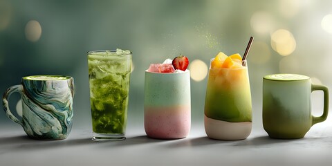 Fototapeta premium Assortment of stylish beverages including marbled mug, mojito, layered smoothie with strawberry, fruit drink with peach, and matcha green tea cup on counter with bokeh background.