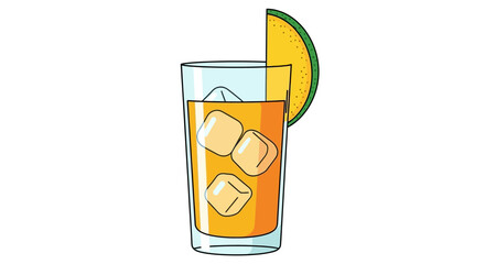 A glass of orange liquid with ice cubes and a melon slice against a white background