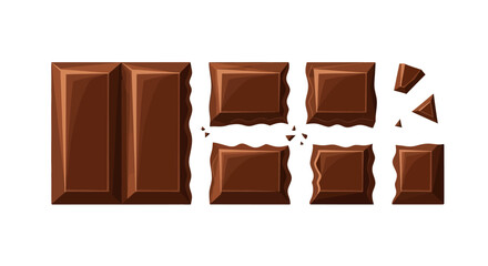 A partially broken brown chocolate bar with square pieces
