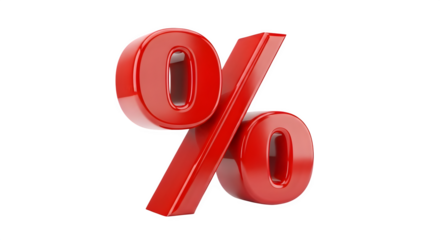 Glossy red percentage symbol isolated on transparent background for sales and discount concepts