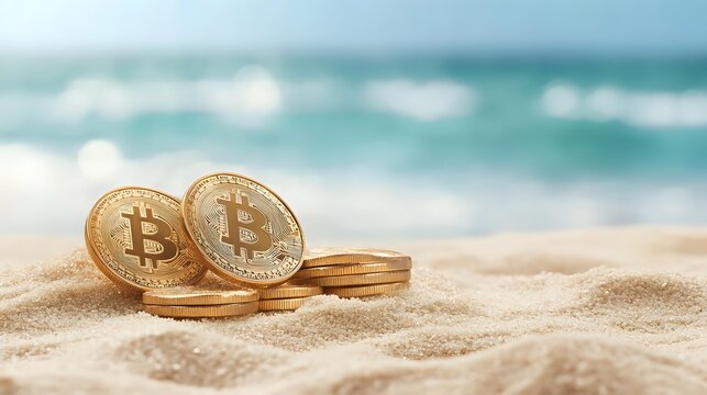 Golden bitcoin coins on sandy beach with turquoise ocean waves in background, representing cryptocurrency vacation concept.