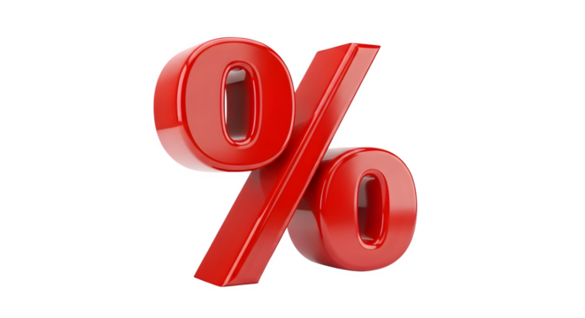 Glossy red percentage symbol isolated on transparent background for sales and discount concepts