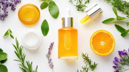 Revitalizing skincare products with essential oils, orange slices, and fresh herbs create natural beauty scene
