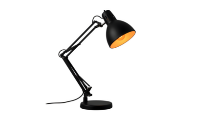 A black adjustable desk lamp with a warm orange light illuminating from its shade isolated on transparent background