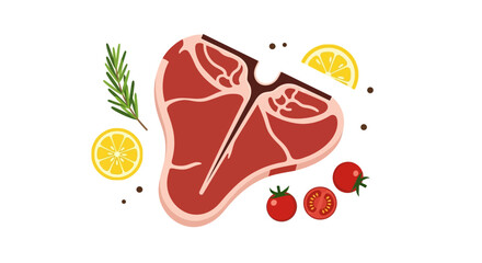 A Tbone steak is displayed with lemons rosemary and tomatoes