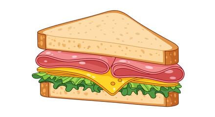 A triangular sandwich with ham cheese lettuce and toasted bread