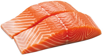 Two fresh raw salmon fillets with vibrant orange flesh and white fat lines isolated on transparent background