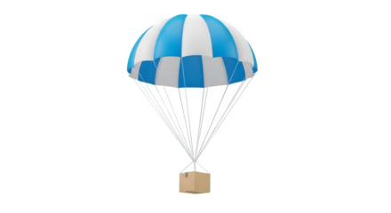 A blue and white striped parachute descends with a small package attached isolated on transparent background