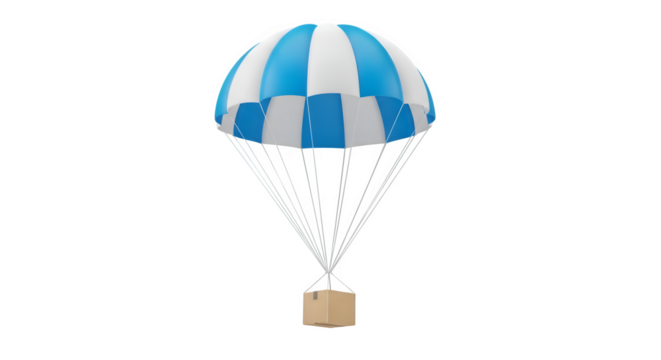 A blue and white striped parachute descends with a small package attached isolated on transparent background