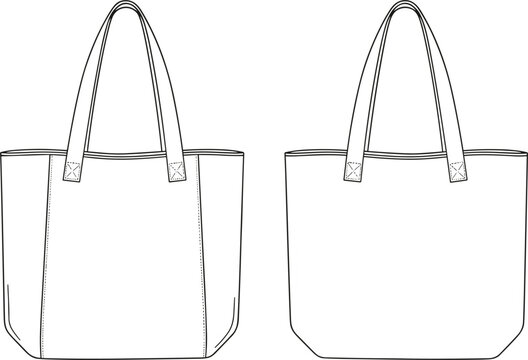 Tote bag line drawing, fashion accessory sketch, minimal design, two handle bags, product concept, flat vector illustration