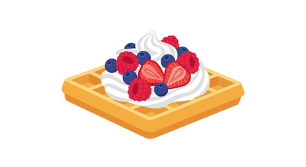 Isometric waffle topped with whipped cream strawberries raspberries and blueberries