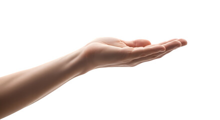 Open human hand reaching out with palm up and fingers gently curved isolated on transparent background