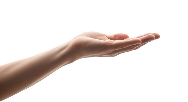 Open human hand reaching out with palm up and fingers gently curved isolated on transparent background