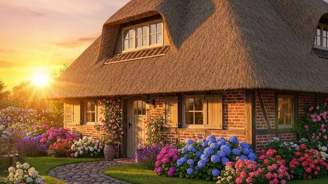 Sunlit thatched cottage with vibrant garden in warm sunset light.