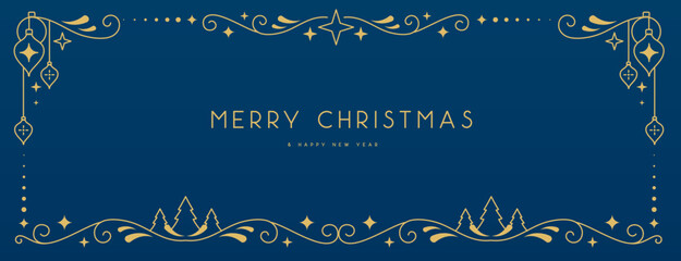 Modern Christmas frame or holiday greeting card on blue background. Line art vector illustration