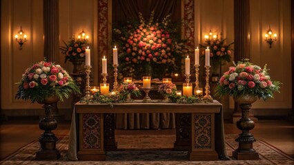 An ornate table beautifully decorated with glowing candles and vibrant flowers creating a warm cinematic atmosphere for a special celebration