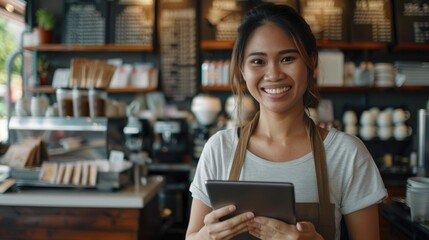 Female waitress, holding a tablet, smiling, setting is in a coffee shop