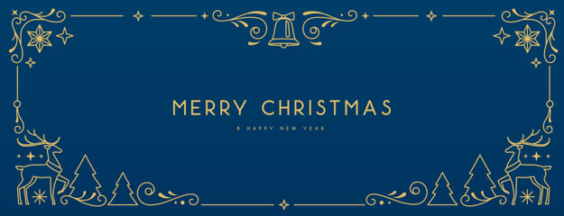 Modern Christmas frame or holiday greeting card on blue background. Line art vector illustration