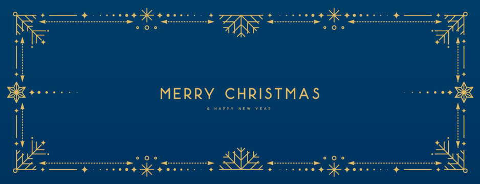 Modern Christmas frame or holiday greeting card on blue background. Line art vector illustration - Powered by Adobe