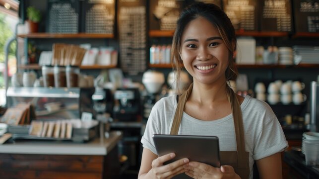 Female waitress, holding a tablet, smiling, setting is in a coffee shop 