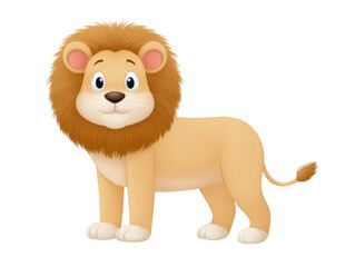 Fototapeta premium Cartoon lion with fluffy mane, big eyes, and friendly expression standing on four legs, isolated on transparency background, perfect for children illustrations and educational materials