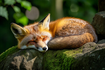 Obraz premium Generative AI image of a peaceful red fox sleeping in the summer forest with a delicate butterfly resting on its head in warm natural light