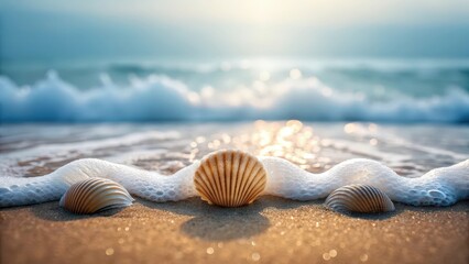 Beautiful seashells resting on a sandy shore with gentle ocean waves washing over them under a warm and peaceful sun