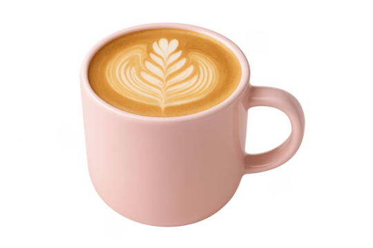 Pink mug serving creamy latte art coffee