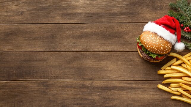 Festive hamburger decorated with a Santa hat, served alongside crispy French fries, arranged on a rustic wooden table. Perfect representation of Christmas-themed fast food - Powered by Adobe