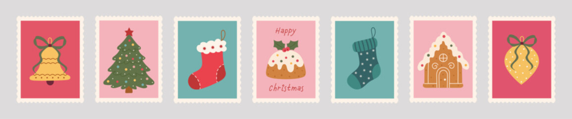 Christmas postage stamp set: hand-drawn tree, stockings, bell, bows, pudding, and gingerbread house. Soft pink, teal, and red tones with scalloped edges create vintage, festive vector Xmas mail style.