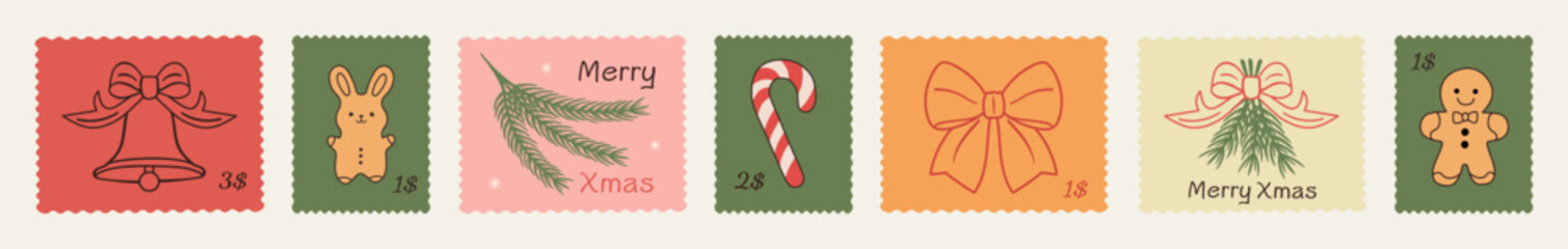 Winter vacation postage stamp set in hand-drawn doodle style,with Christmas and New Year elements.Festive Xmas postmark vector illustrations for postcards, posters, mail art, and scrapbooking projects