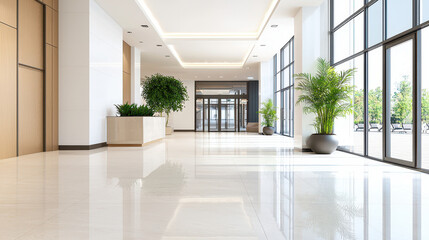 Fototapeta premium Modern lobby interior with large windows, plants, and polished floors creating bright and inviting atmosphere