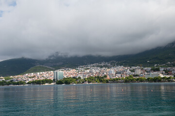 A tourist town by the sea. Makarska, Croatia. View of the city before the rain.