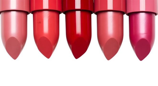 Close up of five different shades of red lipstick standing upright in a row isolated on transparent background