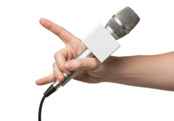 Hand holding a silver microphone with a white square logo holder isolated on a transparent background