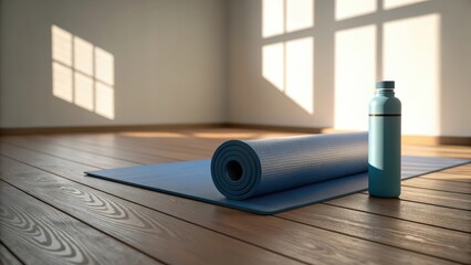 Blue yoga mat partially rolled on a wooden floor in a sunlit room