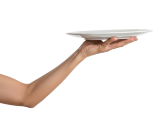 Hand holding a white ceramic plate with a slight tilt isolated on a transparent background image